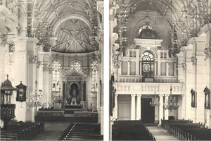 Centrální loď kostela sv. Jindřicha a pohled od hlavního oltáře k východu, kůr s varhanami.jpg